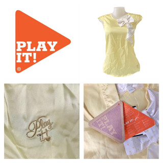 Play It ! (P4) เสื้อกล้าม เด็กผู้หญิง ผ้าบางมันเลื่อม สีเหลือง ติดโบว์สีขาว