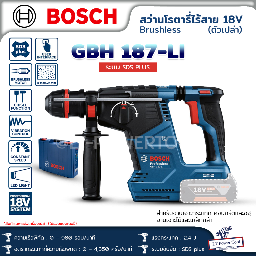 BOSCH สว่านโรตารี่ไร้สายระบบ SDS PLUS รุ่น GBH 187-LI ตัวเปล่า ครบชุด