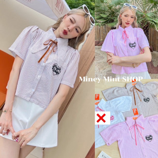 miniminey🌈 Cookies bear เชิ้ตคอปกยาว ผ้าลายริ้วจีบแขนพอง ทรงโอเวอร์ไซส์ แถมโบว์ริบบิ้นกำมะหยี่ผูกคอแยกชิ้นได้ คิ้วท์มาก