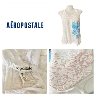 Aeropostale เสื้อกล้ามผู้หญิง ผ้าบาง สีขาว ลายดอกไม้สีฟ้า ผ้ายืด ไซส์M อก30-40 นิ้ว