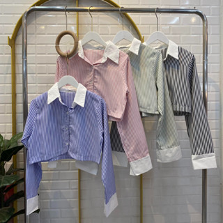 AMESTORE เสื้อเชิ้ตครอปแขนยาวลายริ้ว เว้าหน้า เก๋ๆสีสันสดใส