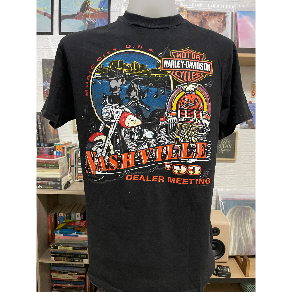 เสื้อวินเทจ Vintage Oriiginal 93' Harley Davidson Motorcycle 90's Nashville Size L สีดำ ตะเข็บเดี่ยว