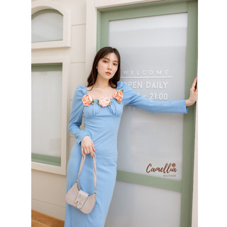 Camelia:Maxidress ผ้ายืดแขนยาวสีฟ้า (*สอบถามสต๊อกก่อนกดสั่งน๊า)