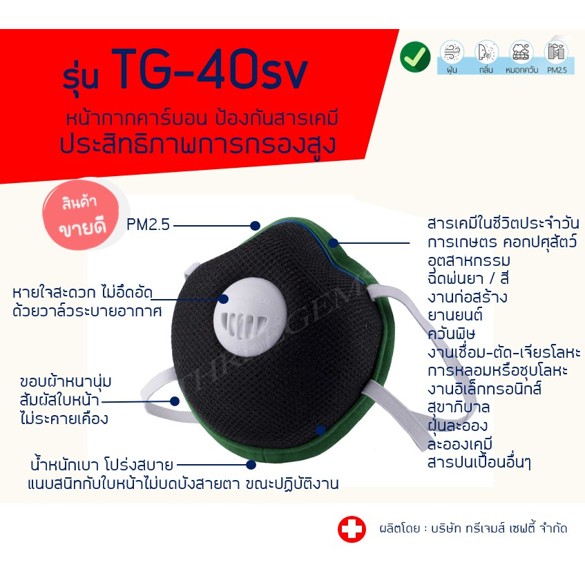 ป้องกัน PM2.5 รุ่น  หน้ากากคาร์บอน TG-49sv