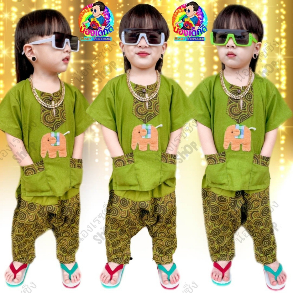 ชุดผ้าฝ้ายลายแต่งช้างของเด็ก เดินเชือกปะตัวช้าง ผลิตจากผ้าฝ้ายคุณภาพดี สวมใส่สบาย ไม่ร้อน สวมใส่ได้ตั้งแต่น้ำหนัก 4 - 18 - รูปที่ 6