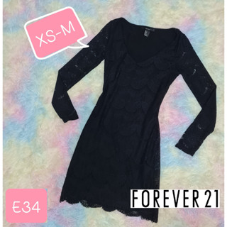 Size S🔴ยี่ห้อ Forever21🔴Dress ลูกไม้ดำล้วน แขนซีทรู ซับในทั้งตัว ผ้ายืดได้ดี