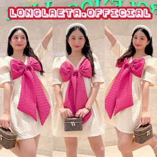 Pinkbow dress เดรสสั้นมีแขนทรงตุ๊กตาตกแต่งโบว์ใหญ่สีชมพู เดรสใส่เที่ยว สไตล์บาร์บี้