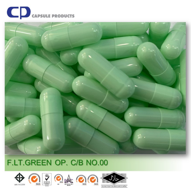 Capsule Products แคปซูลเปล่า สีเขียวอ่อน F.LT.GREEN OP. C/B (เบอร์ 00) บรรจุ 750 แคปซูล/ห่อ