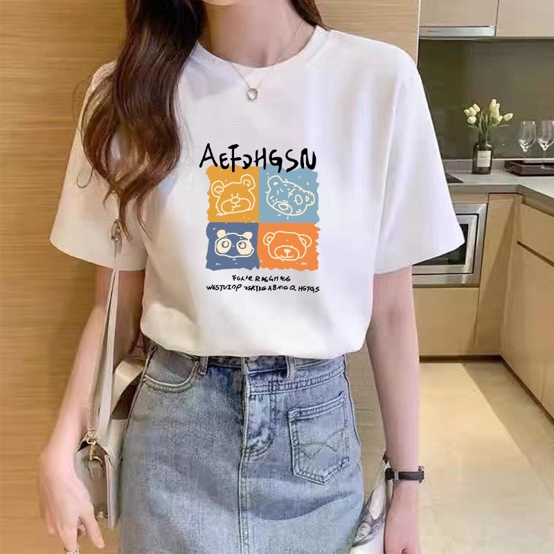 เสื้อยืดแขนสั้น คอกลม สไตล์เกาหลี ผ้าไม่หด cotton100% เนื้อผ้าดีโปร่งสบาย ลายพิมพ์# T70