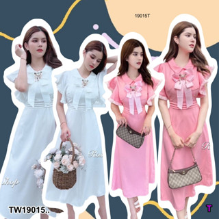 TwinsShopVip💗พร้อมส่ง TW19015 เดรสกระโปรงยาว คอปก แขนระบายแต่งพู่ ..