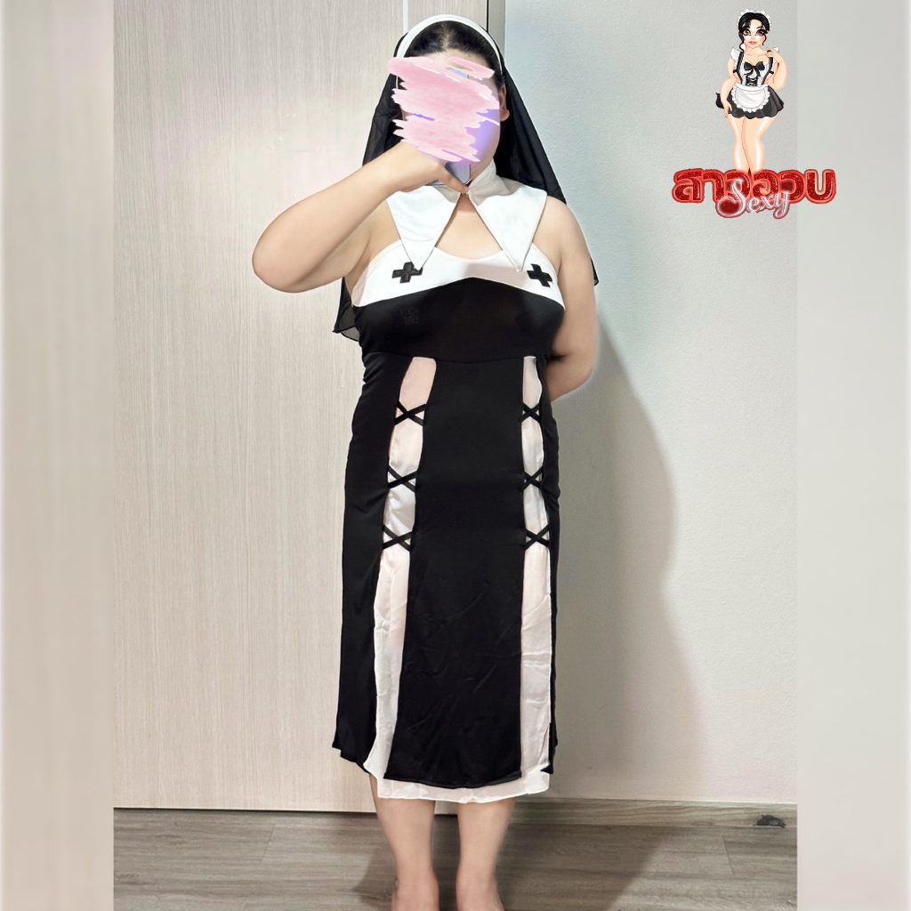 ชุดคอสเพลย์สาวอวบ ชุดนอนไม่ได้นอนไซต์ใหญ่ แม่ชี มีไซต์ M-L นน.40-100 kg. ในชุดมีจีสตริง M-1152