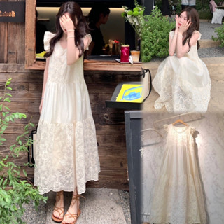 เดรสยาวแขนกุดแต่งระบาย ป้ายนำเข้า มีซับสีตามแบบ