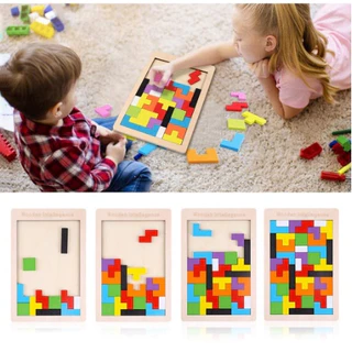 ของเล่นไม้บล็อกอาคาร Tetris ของเล่นไม้ปริศนาเพื่อการศึกษาเบื้องต้นสำหรับเด็กผู้ชายและเด็กผู้หญิง