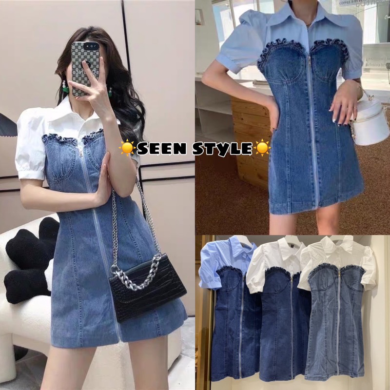 ☀️𝒔𝒆𝒆𝒏 𝒔𝒕𝒚𝒍𝒆 - พร้อมส่ง เดรสยีนส์แขนกุดทรงปล่อย