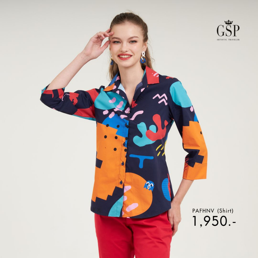 GSP Woman's shirt Funny Pixel fish เสื้อเชิ้ตผู้หญิง แขนสามส่วน สีกรม PAFHNV