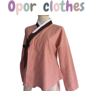 เสื้อฮันบกทูโทนสีชมพูกลีบบัวเเต่งน้ำตาลK-030