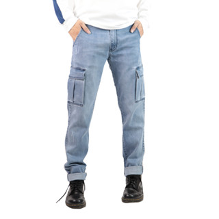 Cargo blue fladed  jeans - กางเกงคาร์โก้ขายาวทรงสลิมสียีนสฟอก