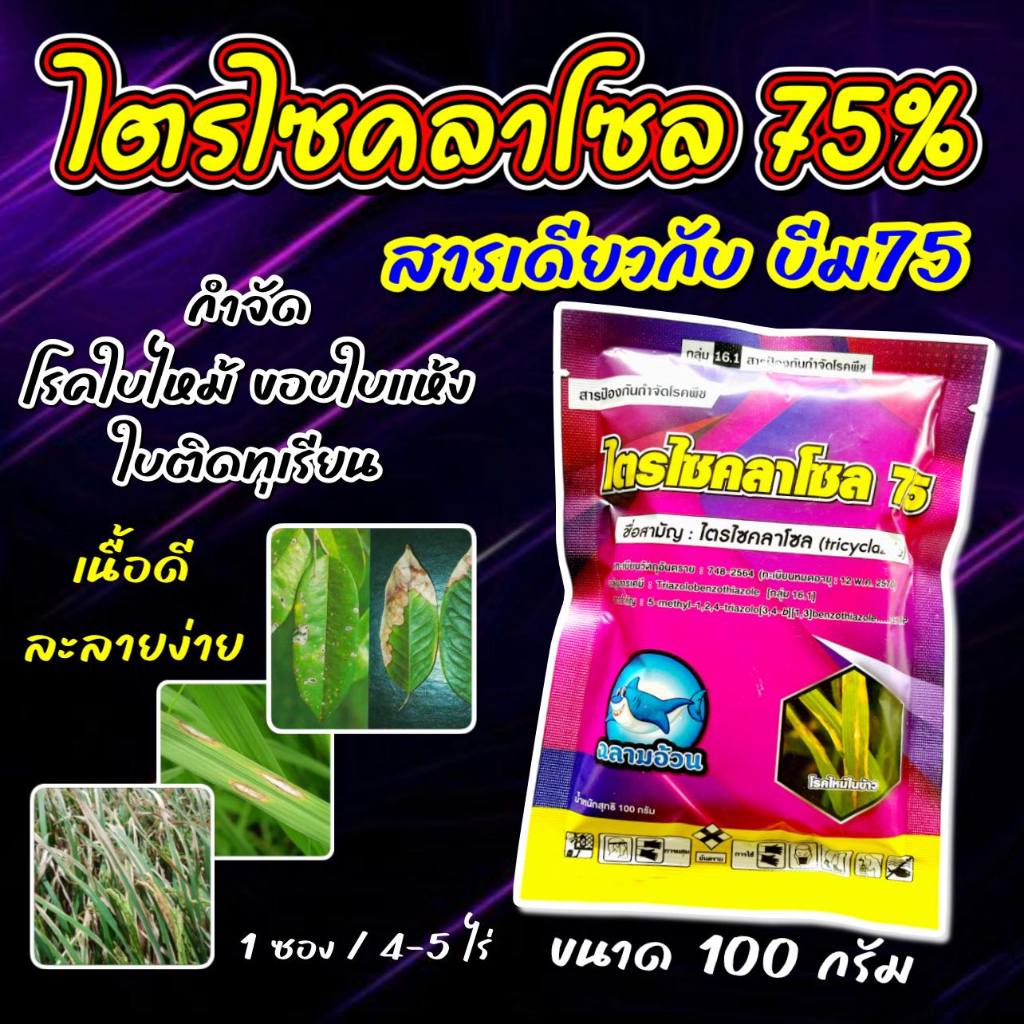 ไตรไซคลาโซล ฉลาม ขนาด 100 กรัม บีม 75 ใบไหม้ ใบจุด โรคพืช