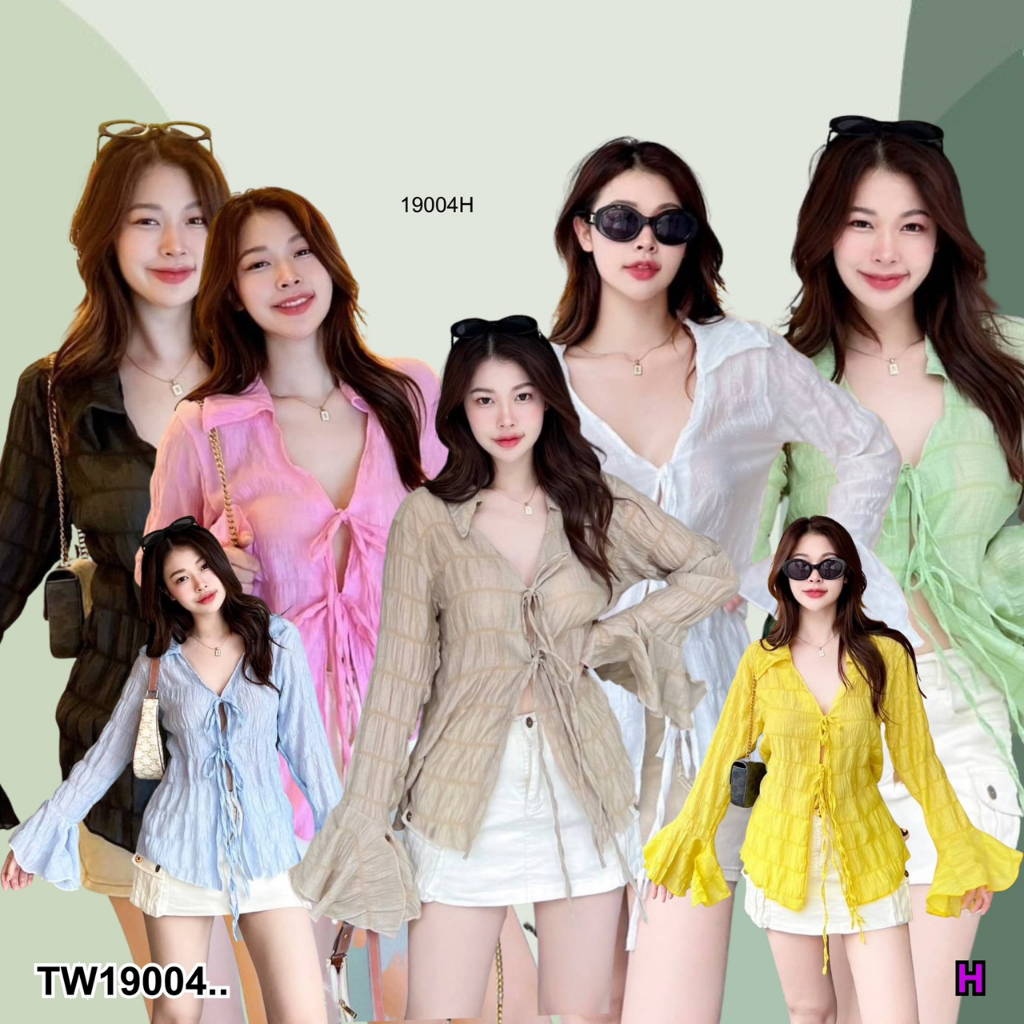 TwinsShopVip พร้อมส่ง TW19004 เสื้อแขนยาวระบายใหญ่ๆ ผูกโบวหน้าเบาๆ ..