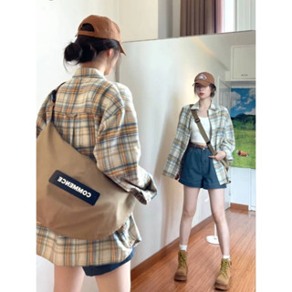 ✨พร้อมส่งจากไทย✨PB2966เสื้อเชิ้ตลายสก๊อตแขนยาวสีเหลือง สไตล์สตรีท เสื้อผ้าผู้หญิงเกาหลี เสื้อกันแดดทรงหลวมใส่สบาย