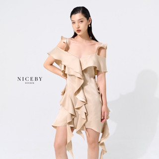 Beige Satin Ruffle Asymmetric Dress - เดรสสีนู๊ด