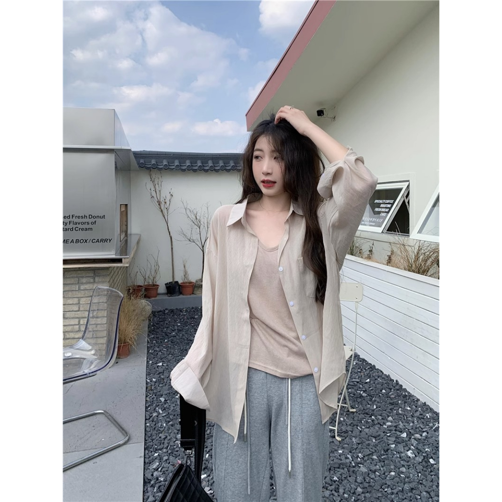 ส่งจากไทย😁PBB12240😁เสื้อคลุมคอปกแขนยาวผู้หญิงสีทึบเรียบง่าย oversize เสื้อเชิ้ตกันแดดแฟชั่นเกาหลี เน