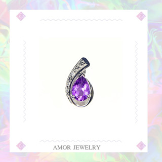 จี้เงินแท้ 925 ฝังพลอยอะเมทิสต์(Amethyst)ทรงหยดน้ำขนาด 8x6 มิล