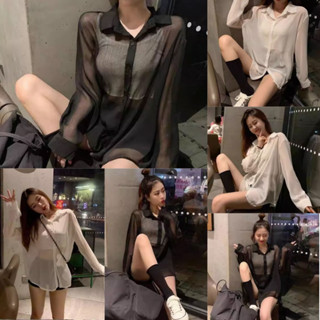 STHB513 พร้อมส่ง เสื้อเชิ้ตคอวี แขนยาว ผ้าไม่บาง ใส่สบาย งานดี สไตล์เกาหลี สีขาว/ดำ free size🔥พร้อมส่ง🔥
