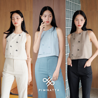 PIMNATTA Ray Top เสื้อครอปแขนกุด ป้ายหน้า ตัดเย็บอย่างดี ทอลายพิเศษของแบรนด์