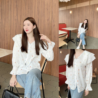 SLYQ LEONIE EMBROIDERED SHIRT BLOUSE 🍒 เสื้อเบลาส์ทรงโอเวอร์ไซส์ตัวหลวม กระดุมหน้า ปักลายทั้งตัว