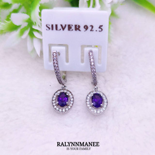 L6415 ต่างหูพลอยอเมทิสต์แท้ ( Amethyst ) แบบอิงลิชล็อค ตัวเรือนเงินแท้ 925 ชุบทองคำขาว