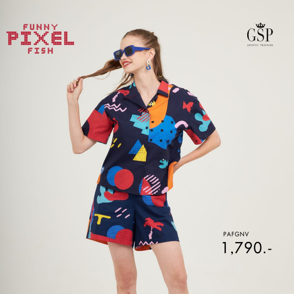 Gsp เสื้อผู้หญิง Funny Pixel fish ปกฮาวาย แขนสั้น สีกรม (PAFGNV)
