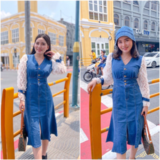 เดรสกระโปรงยีนส์หางปลาตัวยาว เเขนลูกไม้น่ารักมาก S-2XL