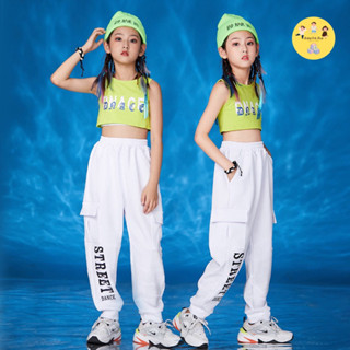 (พร้อมส่ง) ชุดเสื้อครอปท็อปสีเขียว กางเกงจ๊อกเกอร์สีขาว สไตล์เกาหลีแนวฮิปฮอป