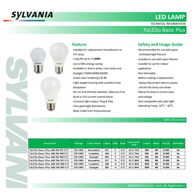 Sylvania หลอดไฟ ซิลวาเนีย LED Bulb ToLEDo Basic Plus 11W A60 E27