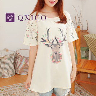 Qxico รุ่น QX1314 [ พร้อมส่ง ] เสื้อยืดแขนสั้นแฟชั่นเกาหลีลายกวาง สีครีมสวยๆ