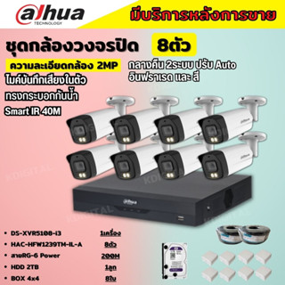 Dahua ชุดกล้องวงจรปิด2ล้านพิกเซล 8 ตัวHAC-HFW1239TM-IL-Aกลางคืน 2ระบบทั้งสีและขาวดำ มีไมค์ ภาพคมชัด พร้อมอุปกรณ์ติดตั้ง