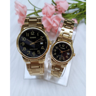 นาฬิกา Casio Set คู่รัก รุ่น MTP-V002G-1B และ LTP-V002G-1B นาฬิกาสายแสตนเลสสีทอง หน้าปัดดำ  ของแท้ 100% รับประกัน 1 ปี