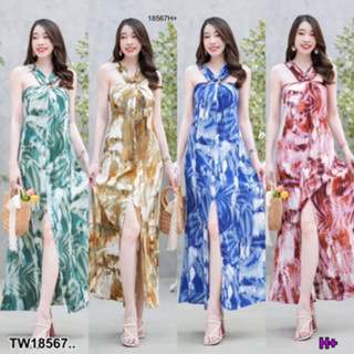 B18567 เดรสลายมัดย้อมสายคล้องคอ จับจีบย่นแต่งห่วงไม้ช่วงอก Tie Dye Neck Strap Dress pleated, wrinkled, decorated with wo