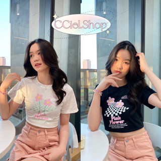 🌷เสื้อยืดครอป ลาย Pink Flower 🌸✨ ผ้านุ่มใส่สบาย