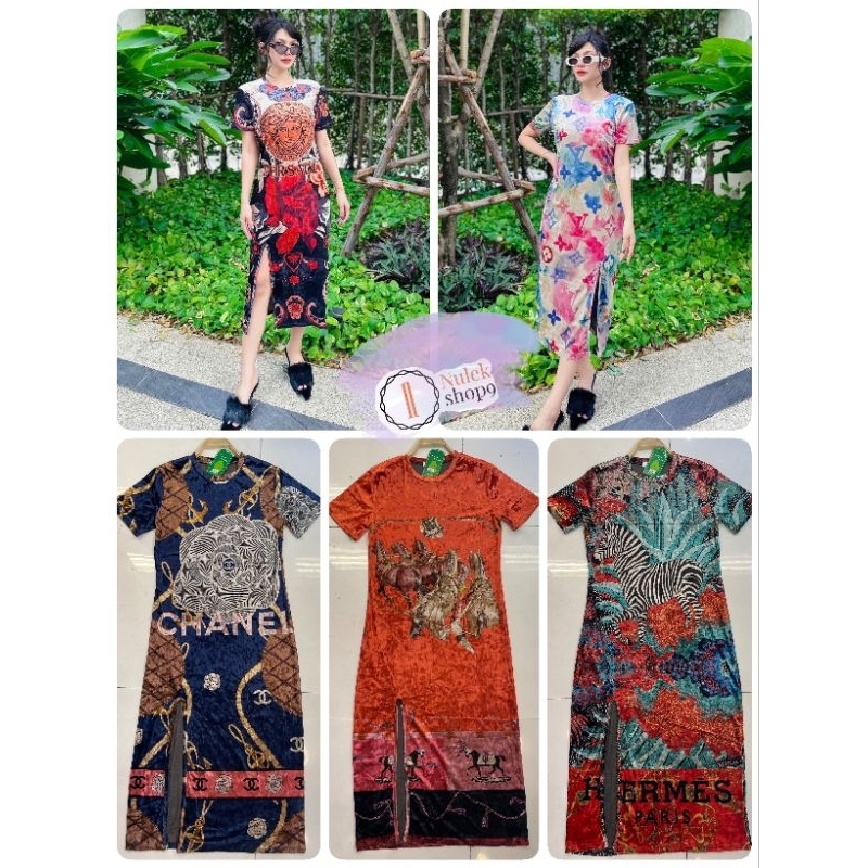 ชุดแซกยาว ผ้ากำมะหยี่ ลายแบรนเนม รุ่น Kanaย ฟรีไซส์ รอบอก 38-42” เอว 36-40" สะโพก 38-46" ยาว 48"