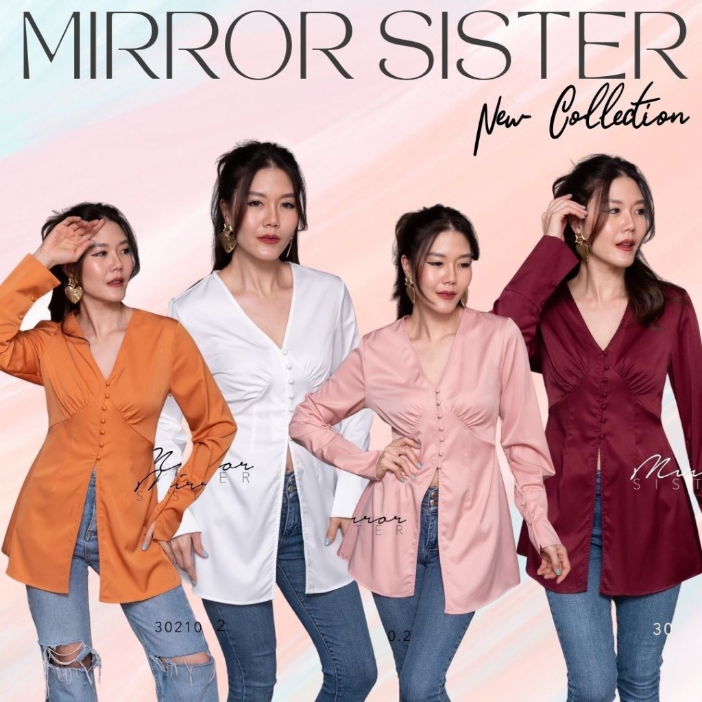 ป้าย Mirrorsister 30210.2 เสื้อทรงสวยยาวคลุมสะโพก ดีเทลคอวีจับทวิสช่วงอก ผ่าแหวกด้านหน้าเก๋ๆ