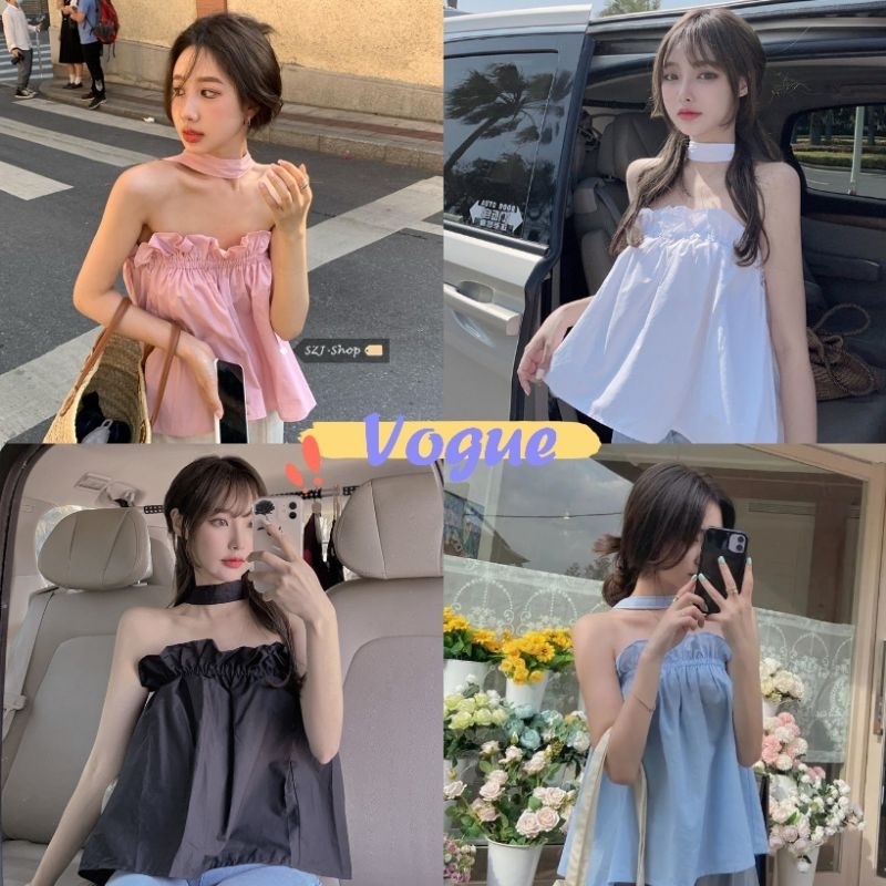 Vogue🌟พร้อมส่ง🌟 เสื้อสายคล้องคอ ผ้าชีฟอง น่ารักเกาหลีเบาๆ เว้าหน้าเล็กๆ (60129)