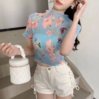 Ey_shop688#พร้อมส่ง352✨#เสื้อพิมพ์ลายดอกผ้าชีฟองผ้าบางใส่สบายเย็นๆ #เสื้อแฟชั่นลายดอกคอเต่าแขนสั้น