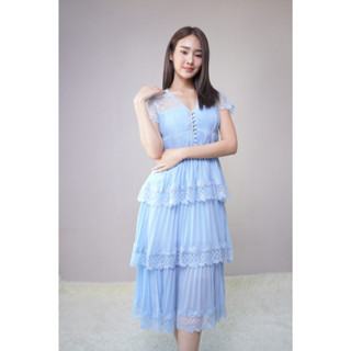 SP313 : Chiffon Tiered V Neck Dress เดรสชีฟองแขนสั้น แต่งซีทรู