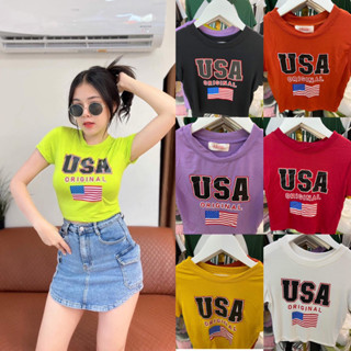 เสื้อครอปแขนสั้นสกรีนลาย Usa มี 7 สี ดำ ขาว แดง ส้ม เหลือง ม่วง เขียวนีออน พร้อมส่ง