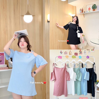 F0037 มินิเดรสสายเดี่ยวแขนเว้าเปิดไหล่ ดึงยางเบาๆๆช่วงแขนเสื้อ ผ้าด๊อปบี้ใส่สบาย plussize สาวอวบ