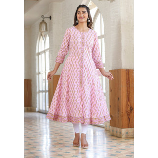 🔹️🔹️((งานแบรนด์))🔹️🔹️ เดรสอินเดีย PINK COTTON PRINTED A-LINE KURTA