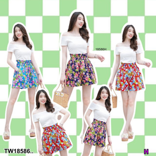 TwinsShopVip💗พร้อมส่ง TW18586 set 2 ชิ้น เสื้อปาดไหล่ + กางเกงเอวยืดลายดอกไม้ ..