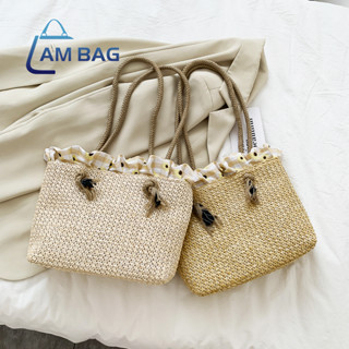 Ambag กระเป๋าสานแฟชั่น กระเป๋าเชือกถักตกแต่งผ้าระบายสไตล์เกาหลี ถือ พกพาสะดวก